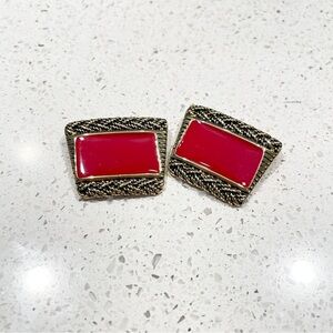 Vintage Brass Red Enamel Double Brooch